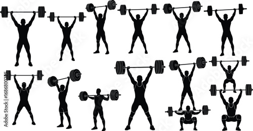Silhouette of muscular man lifting heavy barbell, performing different weightlifting exercises, strength training, gym workout, powerlifting, fitness, bodybuilding, athletic training images