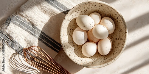 Farm fresh eggs in a rustic bowl with whisk and linen