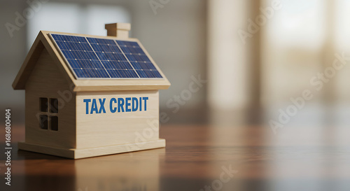 Small wooden house model with solar panels on the roof, representing tax credits for renewable energy investments. A symbol of financial incentives for green home improvements