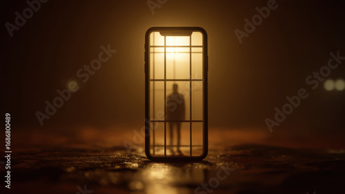 close up Smartphone glowing like a cage, trapping silhouette inside