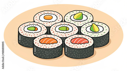 Assortment of seven sushi rolls on a plate maki food