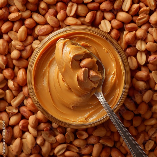Creamy peanut butter swirled on a spoon surrounded by peanuts