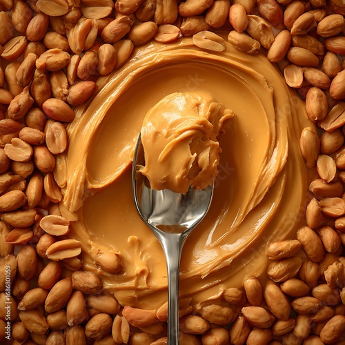 Creamy peanut butter swirl on a spoon surrounded by peanuts