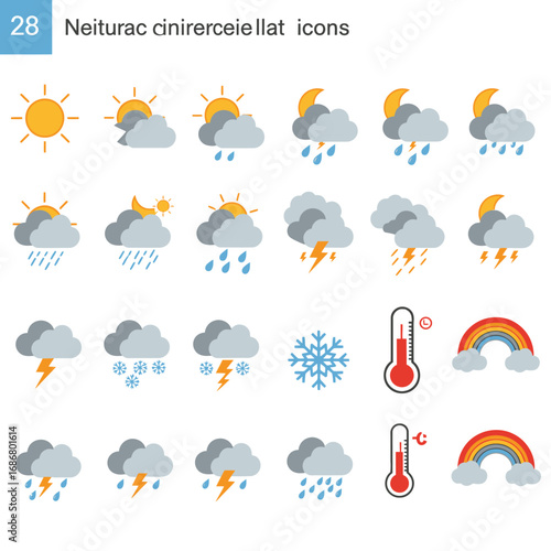 Colorful 2D flat vector weather icons show 20 symbols progressing: sun, cloud, rain, snow, storm, thermometer, and a rainbow on white