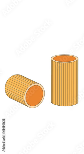 Close up of ridged tubular pasta pieces isolated on a white background showing their texture and shape