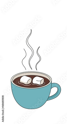 Warm and cozy cup of hot chocolate with fluffy marshmallows steaming hot on a chilly day