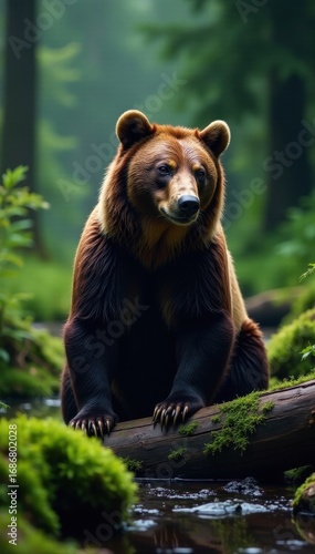 Rain-slicked spirit bear crosses mossy log, BC rainforest , wildlife, photography, tropical