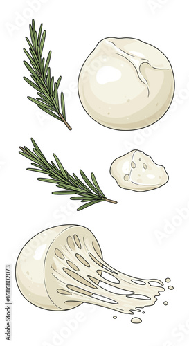 Fresh mozzarella cheese balls with rosemary sprigs and a sprinkle of salt and pepper