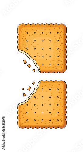 Two delicious square biscuits with the top one showing a large bite mark with crumbs falling off