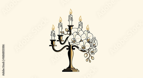 Elegant black candelabra with five lit candles and white orchids.