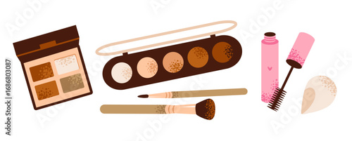 Mascara, eyeshadow, and brushes. Organic makeup and skincare concept. Flat vector illustration.