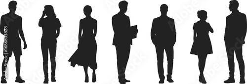 Silhouettes of diverse people standing, thoughtful poses, holding documents, casual and formal clothing, communication, social interaction, teamwork, unity, modern lifestyle, group connection