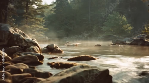 Gentle river flows through a misty forest, dappled with sunlight.