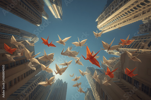 Origami birds soar between skyscrapers, a vibrant display of art and architecture against the blue sky
