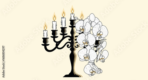 Surreal illustration of a candelabra and orchids forming a brain.