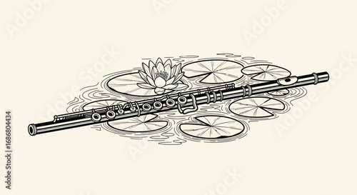 A classical silver flute instrument in a vintage engraving style.