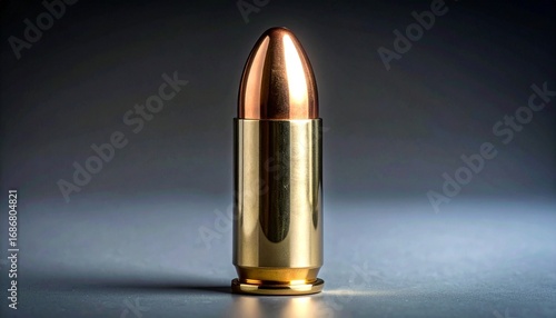 Wallpaper Mural Single metallic bullet cartridge with rounded tip, standing upright on flat surface against dark gradient background Torontodigital.ca