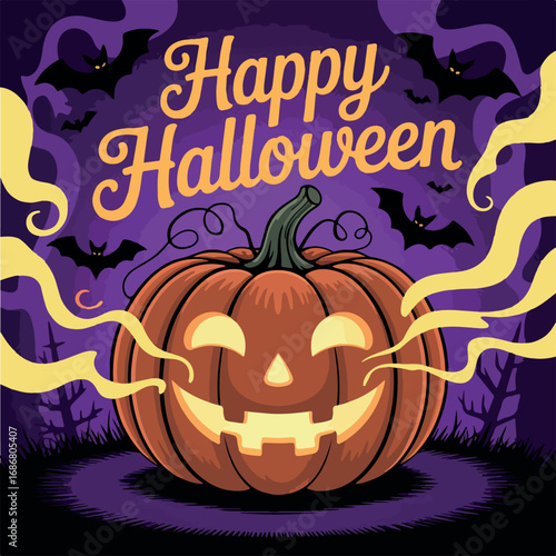 Happy Halloween Pumpkin Illustration with Flying Bats. Spooky Halloween Jack O Lantern Cartoon Design. Halloween Background with Pumpkin and Bats. Scary Night Halloween Pumpkin with Bats Vector