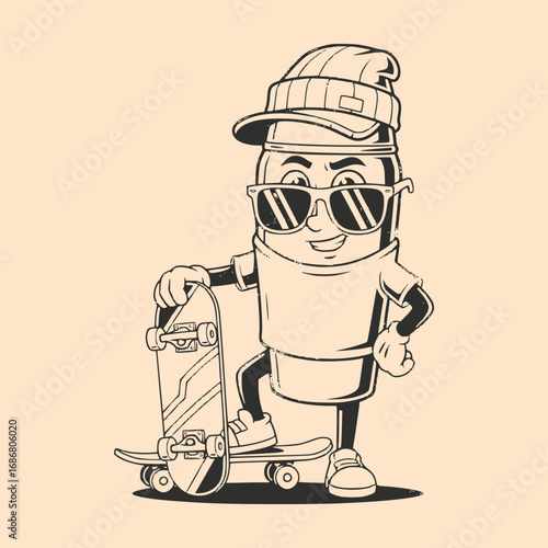 Vector art of a cool cartoon character with sunglasses and a cap, skateboarding with style and attitude, embodying urban culture and a hiphop aesthetic