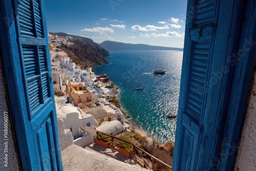 Beach Through Window. Santorini Hillside View of Sea and White Oia Village in Summer