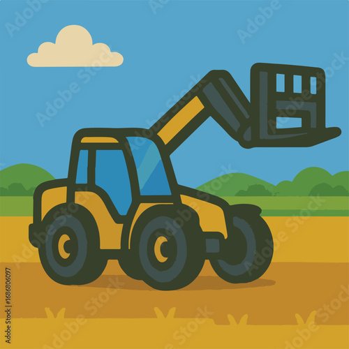A cartoon illustration of a yellow telehandler with a raised boom and forks, set against a blue sky and green field.