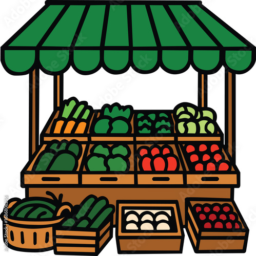 Colorful farmer’s market stall with fresh vegetables including carrots, lettuce, cucumbers, tomatoes, and mushrooms under a green canopy. Perfect for food, farming, organic, and healthy lifestyle them