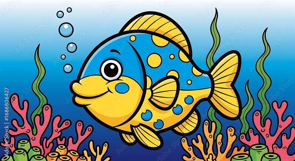 Naklejka premium Colorful Cartoon Fish Swimming in Coral Reef Underwater Scene for Children's Illustration