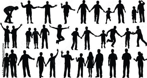 Black silhouette adults and children in various family activities, walking, playing, and interacting together isolated on white background illustration