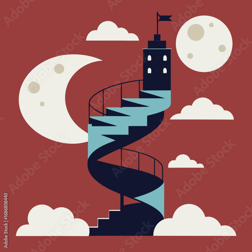 Vector art of a spiral staircase leads up to a tower under a crescent moon and clouds