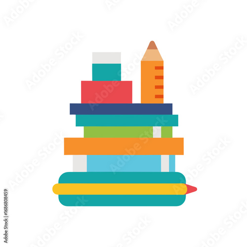 Vector art of stack of colorful books and a pencil