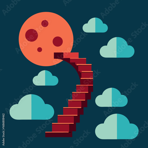 Vector art of a red staircase ascends towards a large orange moon in a dark sky