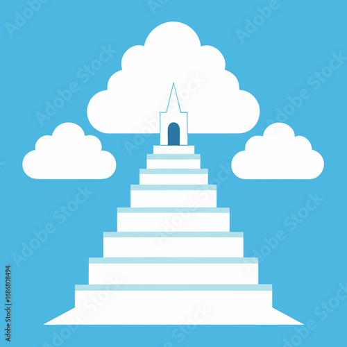 Vector art of stairway to heaven with clouds and church