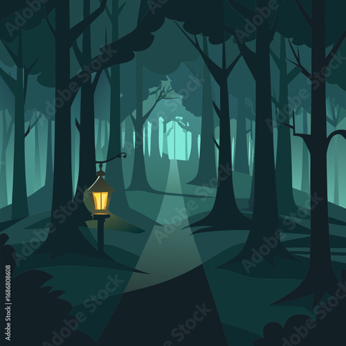 Vector art of mysterious dark forest path illuminated by a vintage lantern