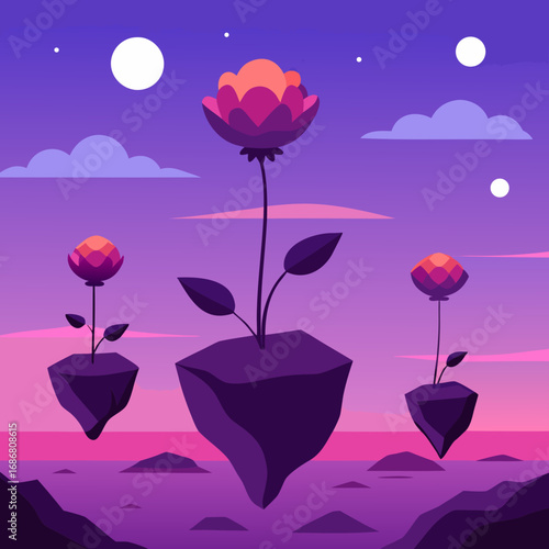 Vector art of floating islands with surreal flowers under a purple twilight sky