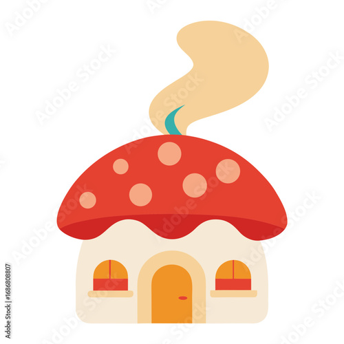 Vector art of cute cartoon mushroom house with smoke coming out of chimney