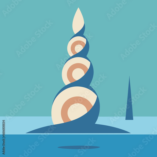 Vector art of abstract spiral sculpture resembling a seashell on a calm blue body of water