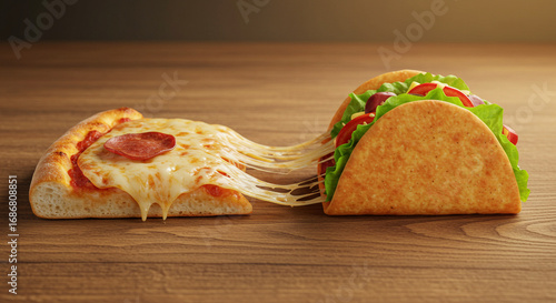 Pizza slice and taco with cheese on wooden table background  