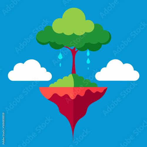 Vector art of floating island with a tree and clouds on a blue background