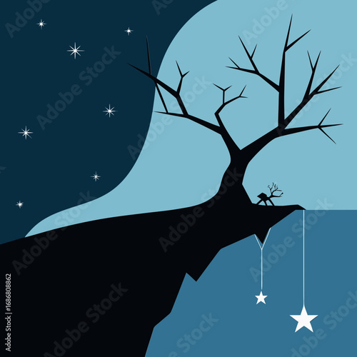 Vector art of silhouette of a bare tree on a cliff edge under a starry night sky