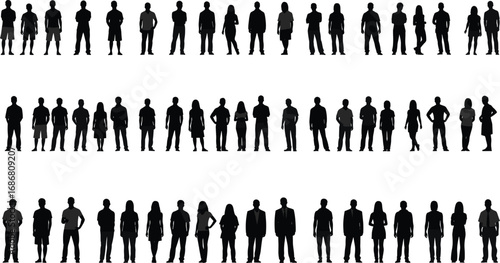Black silhouette people in diverse standing poses wearing business and casual attire representing crowd, diversity, and social interaction on white background illustration