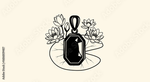 Elegant gemstone pendant with water lily flowers illustration.