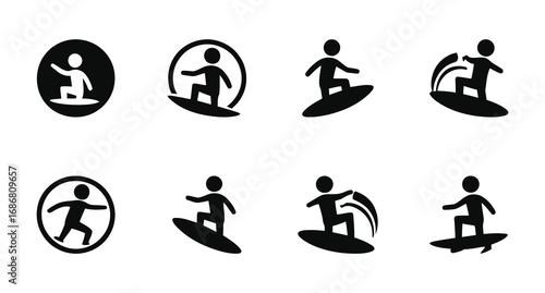 A black silhouette of a person on a surfboard icon vector set