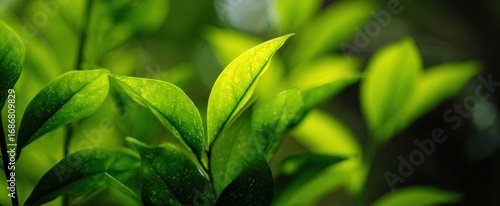 The vibrant green leaves illuminated by soft sunlight in a tranquil setting.