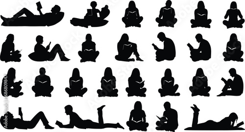Black silhouette people in various seated and reclining reading poses with books isolated on white background leisure and education illustration