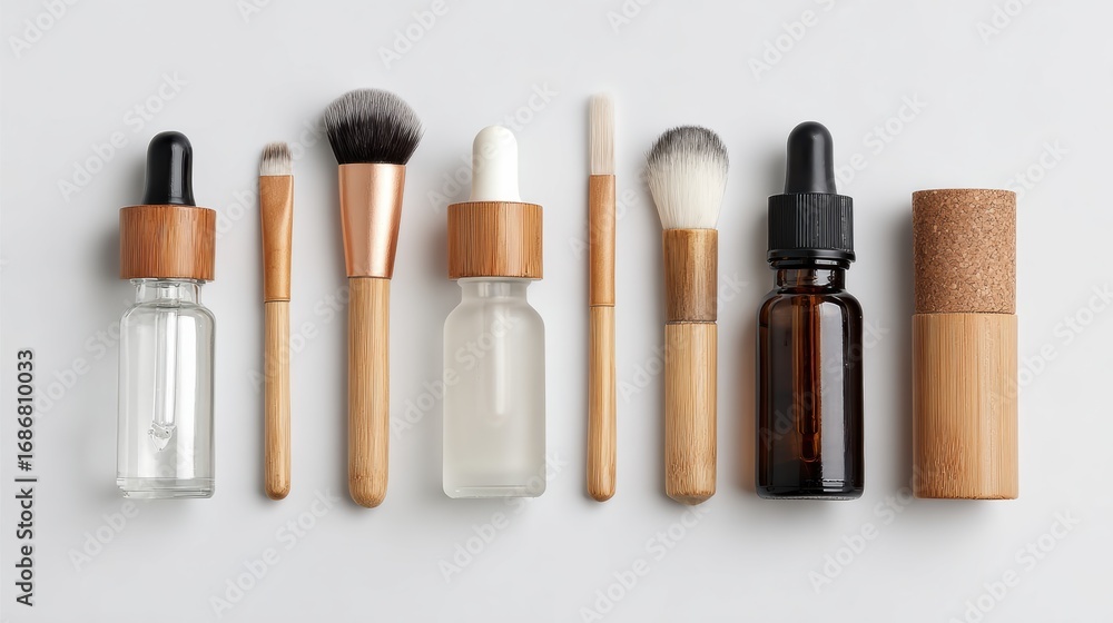 Obraz premium A flat lay of eco-friendly beauty products and brushes arranged neatly on a white background.