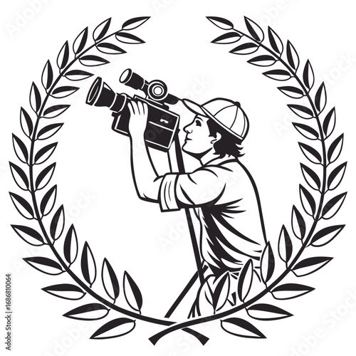 Black and white laurel wreath with cameraman filming victory award