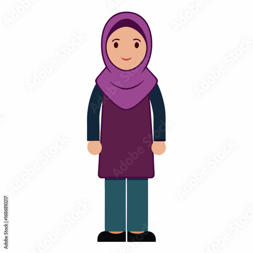 Cartoon girl in a purple hijab and dark blue tunic with teal pants illustration character