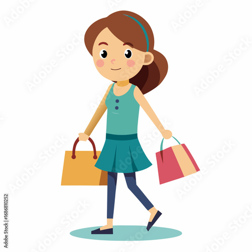 Cartoon girl with brown hair wearing teal top and skirt carrying shopping bags woman