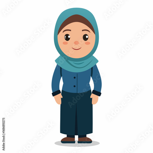 Cartoon girl in a teal hijab and blue outfit with dark pants illustration character