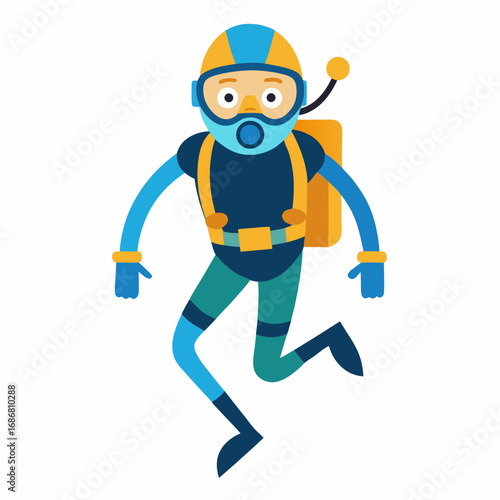 Cartoon scuba diver in blue yellow and orange gear with backpack and fins diving illustration